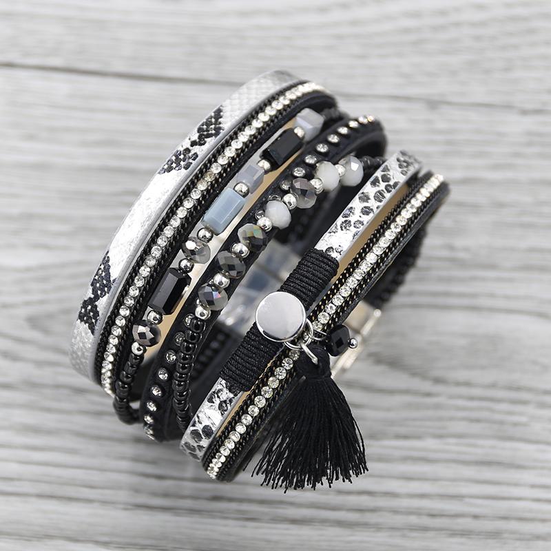 

Tennis Strathspey Vintage Leather Bracelet For Women Bohemia Beads Bracelets Wide & Bangle With Tassel Armbandjes Dames, Golden;silver