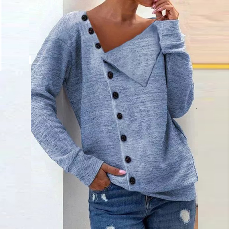 

2021 New Fashion Button Blouse Autumn Irregular Slant Collar Pullovers Tops Ladies Casual Long Sleeve Women Shirts Wwj4, 06