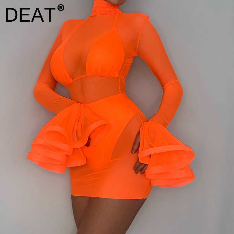 

DEAT Women Net Yarn Perspective Dress Turtleneck Ruffles Long Sleeve Arrivals Lady Sexy Fashion Spring Summer 11D1111 210709, Orange