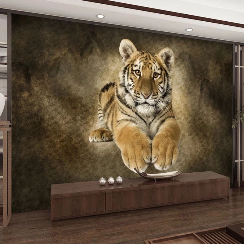 Custom Size Wallpaper 3D Retro Tiger Animal Murals Living Room TV Bedroom Classic Home Decor Painting Waterproof-image-706561489