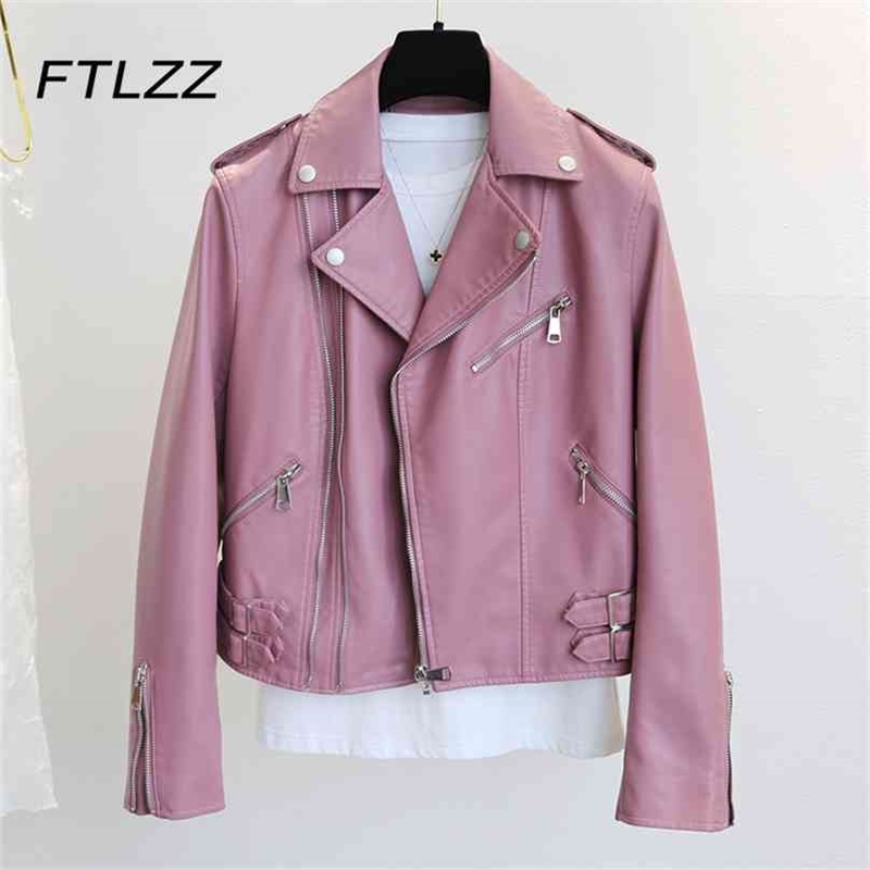 

Women Pink Coat Fashion Spring Autumn Long Sleeve Turn Down Collar Zipper Short Leather Jacket Ladies Biker Moto PU Outwear 210525, Pink purple
