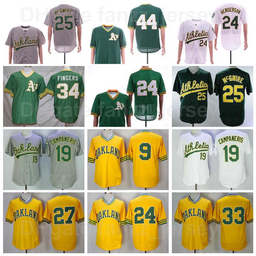 

Vintage 1981 Baseball 27 Catfish Hunter Jersey Retro 19 Bert Campaneris 24 Rickey Henderson 33 Jose Canseco 44 Reggie Jackson Green Yellow White Pullover Retire, 25 green
