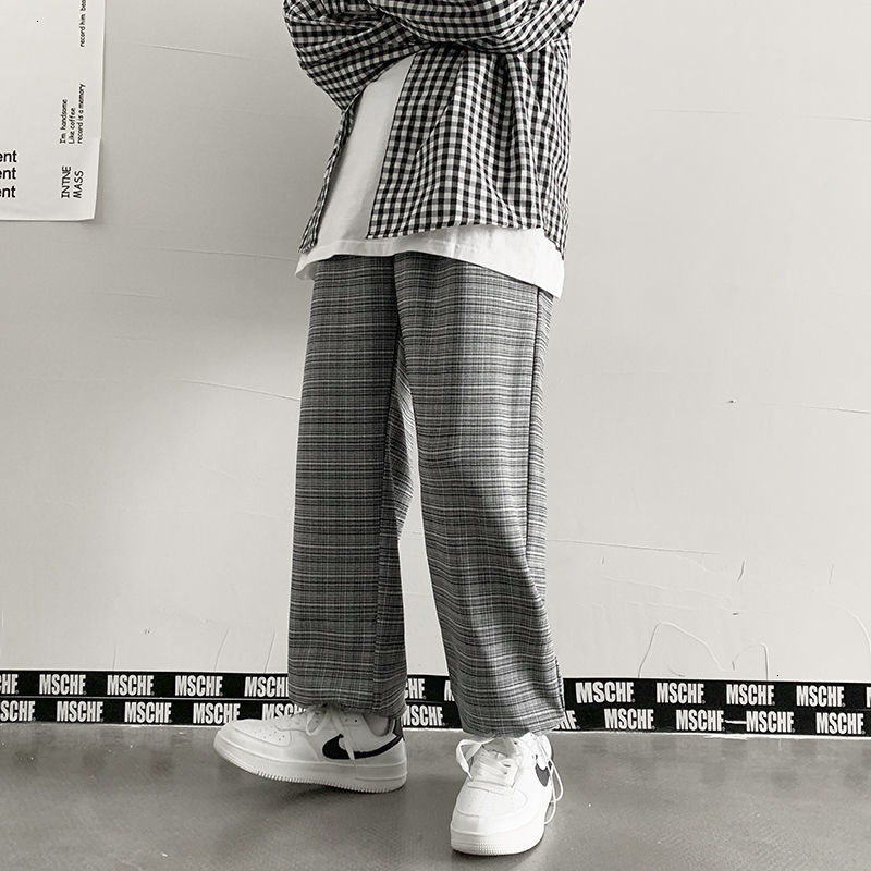 

2021 New Spring Plaid Men's Fashion Retro Casual Men Streetwear Korean Loose Hip-hop Straight Wide-leg Pants Mens Trousers 3m6s, Light gray
