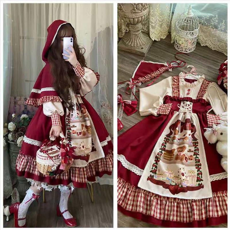 

Casual Dresses Ruffle Soft Girl Cute Japanese Lolita Dress Women Victorian Burgundy Halloween Little Red Riding Hood Costume, Only dress