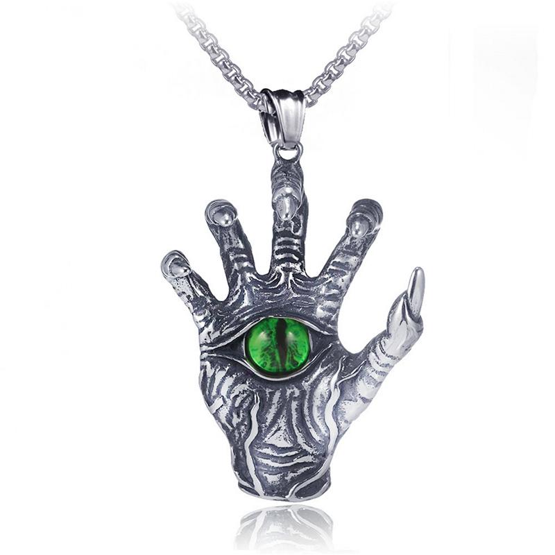 

Pendant Necklaces Hip Hop Rock Punk Necklace Mens Women Vintage Stainless Steel Skeleton Hand Green Crystal Eye Gothic Jewelry