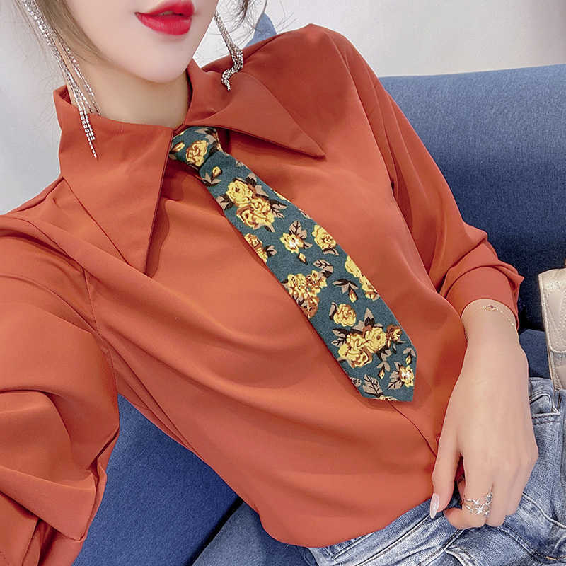

Long Sleeve Chiffon Blouse Shirt Women Tops Blouse Women Blusas Mujer De Moda Free Tie Turn Down Collar Women Blouses E411 210602, Picture ( free tie)