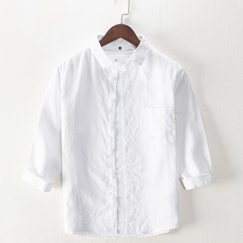 

2021 100% Three-bedroom Linen with White Male Sleeve Casual Breathable Mark Shirts for Solid Men Comfortable Men's Shirt Chemise Tops Ubf5, Green.