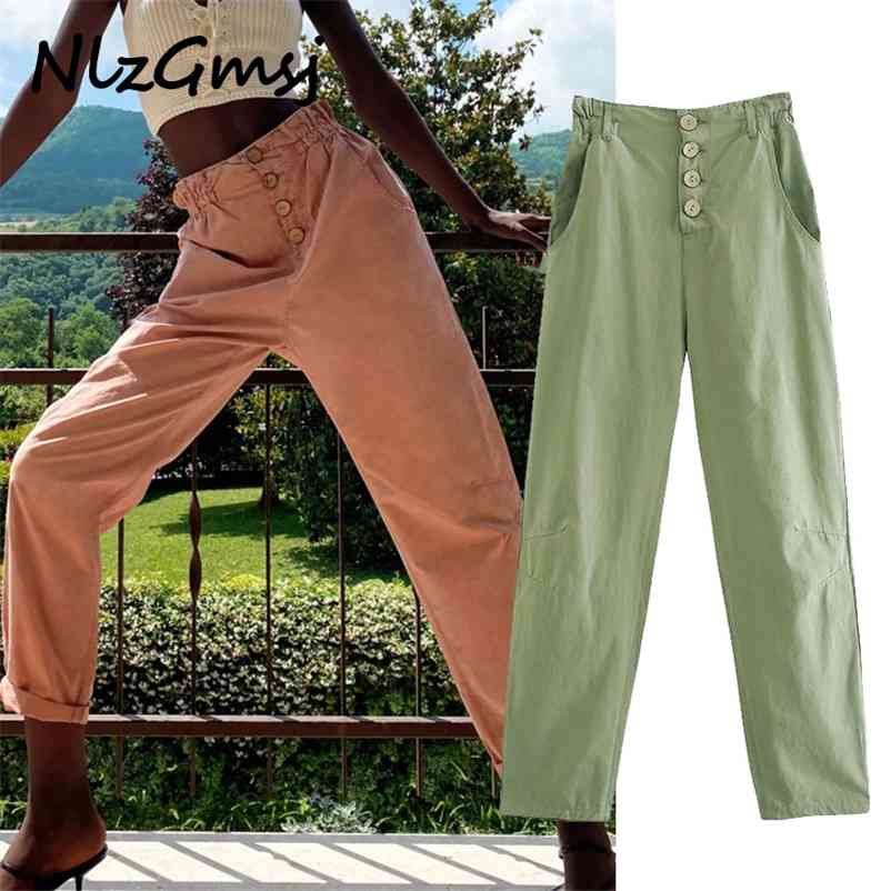 

women england style simple solid high waist elastic pockets loose harem pant pantalon femme trousers 210628, Green