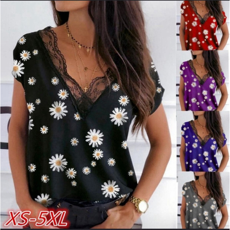 

2021 New Mulher Camisa Superior Plus Size Sexy Manga Curta Renda Com Decote Em v Estampa Floral Camisetas Vero Remeras Mujer Koszula Damska, Black