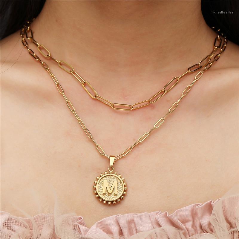 

Chains 26 Capital Initials Round Pendant Necklace For Woman Man Double-layer Paperclip Gold Chain Stainless Steel Jewelry Choker