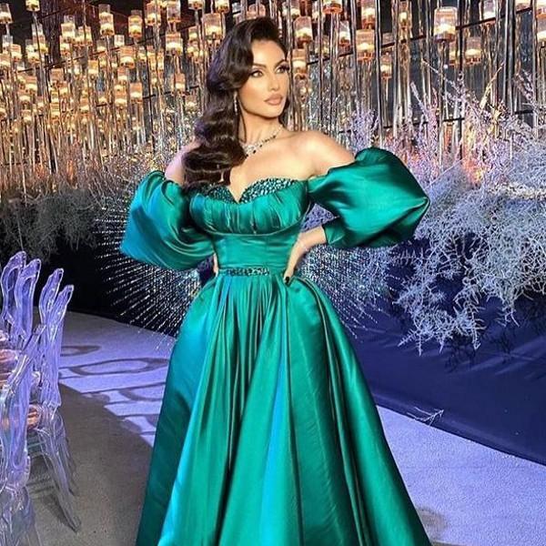 Hunter Green Poet Long Sleeve A Line Evening Dresses Off the Shoulder Beaded Satin Arabic Special Occasion Dress Plus Size Prom Gowns