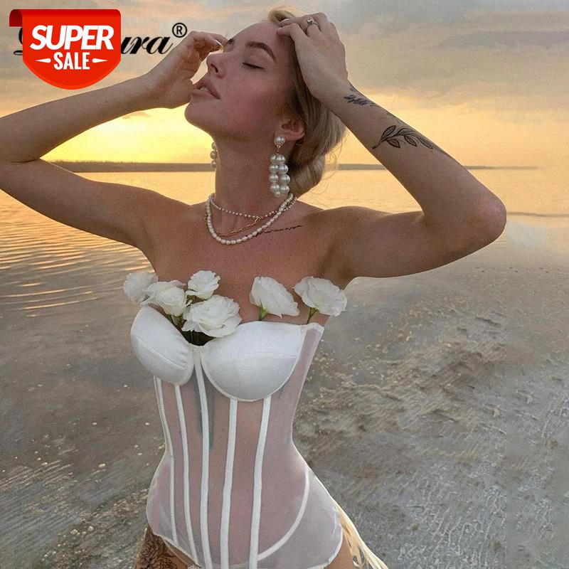 

Dulzura Mesh Patchwork Lace Up Bandage Women Tube Corset Top Bustier Crop See Through Party Club Elegant 2020 Autumn Winter Club #E49x, White