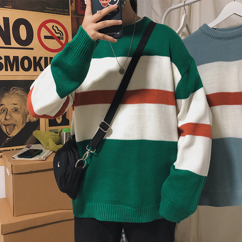 

2021 New Autumn Striped Sweater Men's Warm Fashion Casual Knitted Pullover Men Wild Loose Korean Knitting Sweaters Mens Clothes M-2xl Xv5s, Green