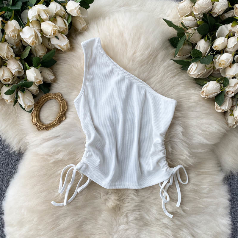 

Women Drawstring Pleated Sleeveless Vest Sexy Solid Color Diagonal Colla Slim Short Fashion Spring Summer 11B749 210525, Yellow