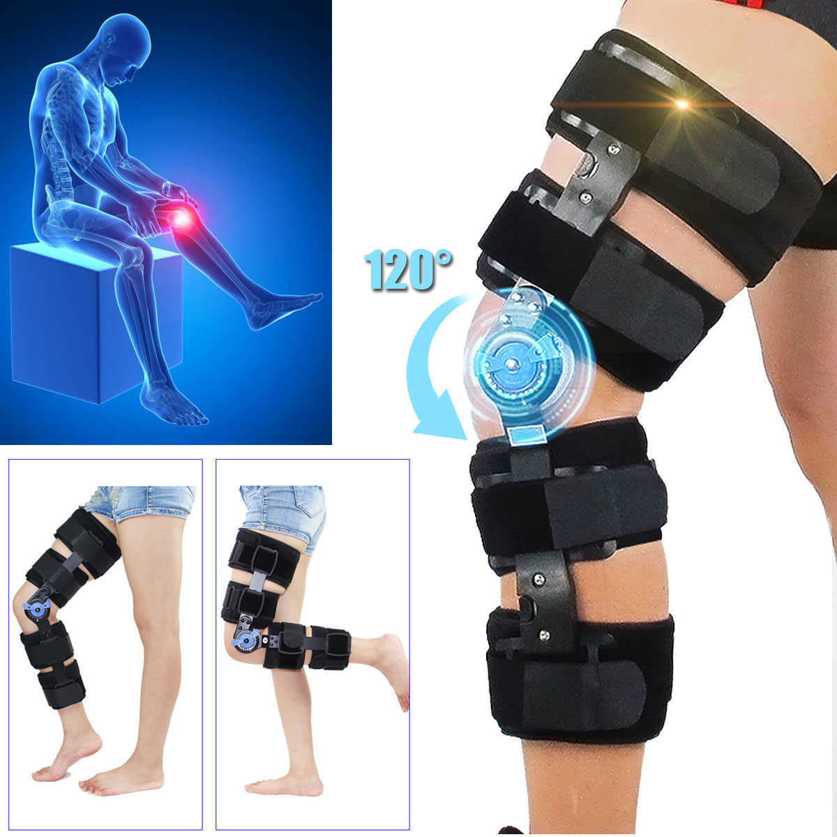 

Orthopedic Sport Knee Brace Adjustable 0-120 Degree Hinged Leg Band Knee Braces Protector Powerleg Bone Orthosis Ligament Care Q0913, Red