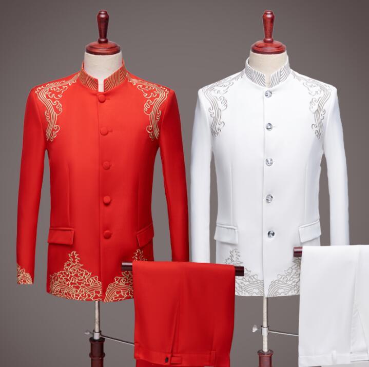 

Men' Suits & Blazers Chinese Style Blazer Men Groom Suit Set With Pants Mens Tunic Singer Star Stand Collar Stage Formal Dress