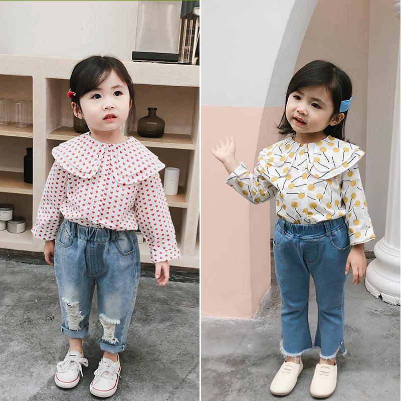 

Shirts 2021 Spring Arrival Korean Style Pretty Printed All-match Long Sleeve Shirt With Doll Collar For Cute Sweet Baby Girls, Red