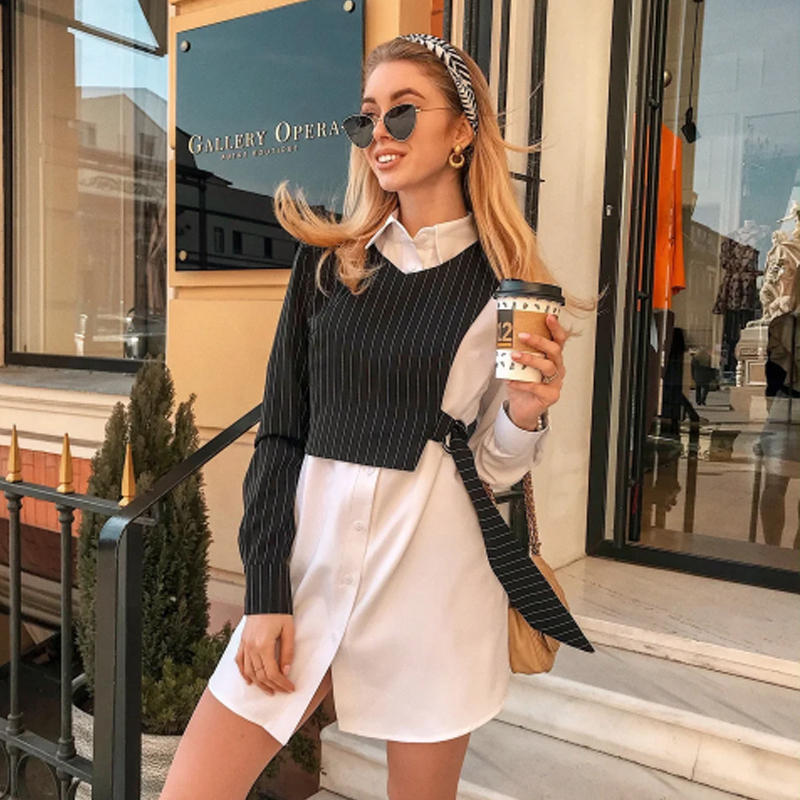 

2021 Women Office Lady Black Striped A-line Party Long Sleeve Turn Down Collar Elgeant Casual Mini Autumn New 9qo1