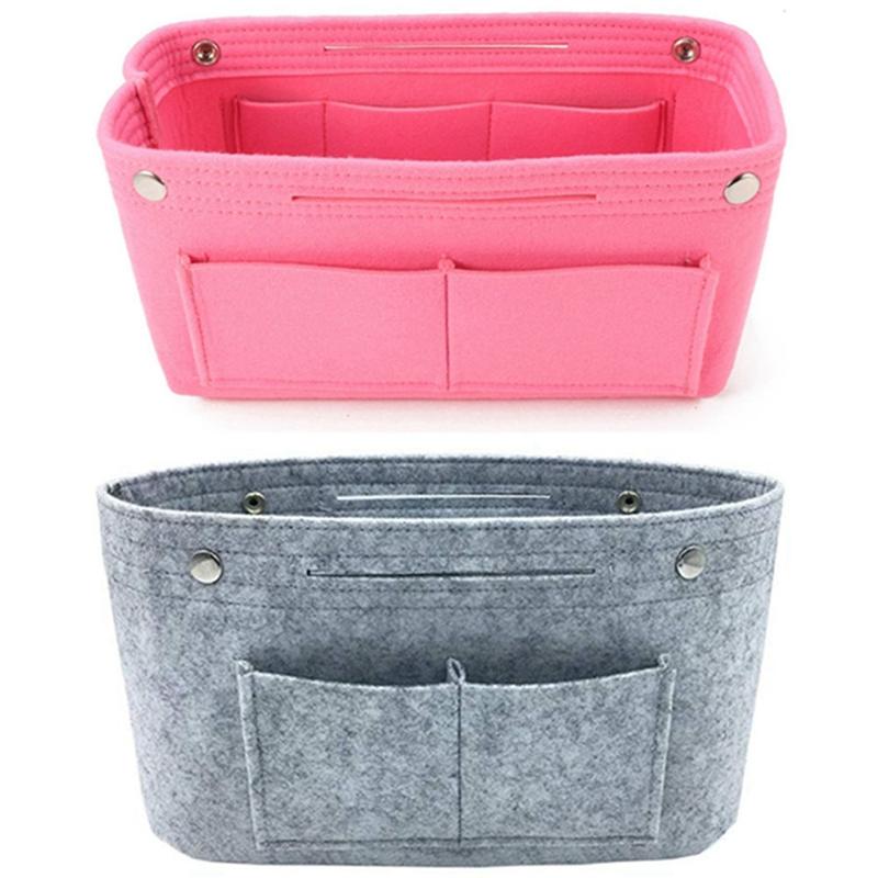 

2 Pcs Women Fashion Felt Cloth Inner Bag Fits in Insert Handbag Multi-Pockets Cosmetic Bags Organizer, Gray & Pink