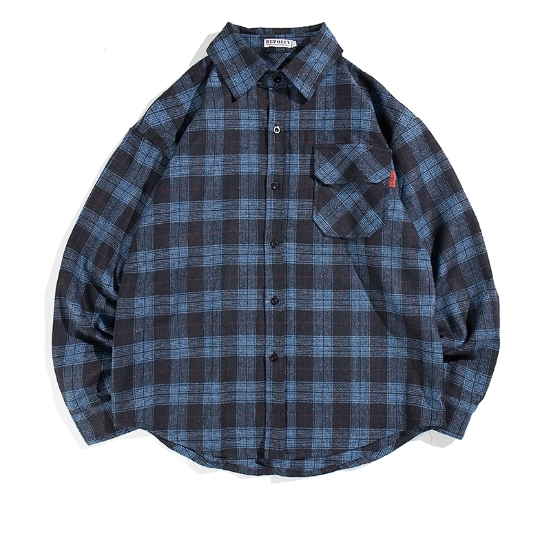

2021 New Male Plaid Shirts Single Man Brushed Casual Pocket Patches Long Sleeve-fitting Thick Gingham Button-down Shirt Xlep, Blue.