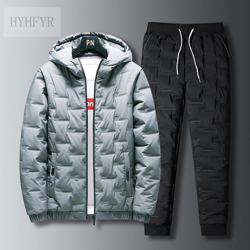 

Jogging Clothing HYHFYR Korean-style Men's Hooded Cotton-padded Clothes Set Slim Fit Warm Coat+Trousers 2PC Suits 4 Color M-5XL