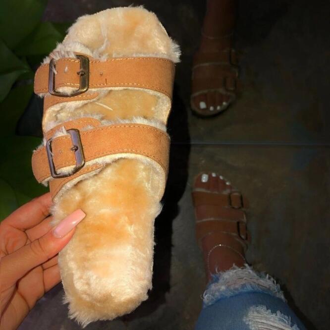 

Spring/summer new 2021women double-layer single-button fur soft flat-bottomed home leisure all-match non-slip durable slippers, Brown