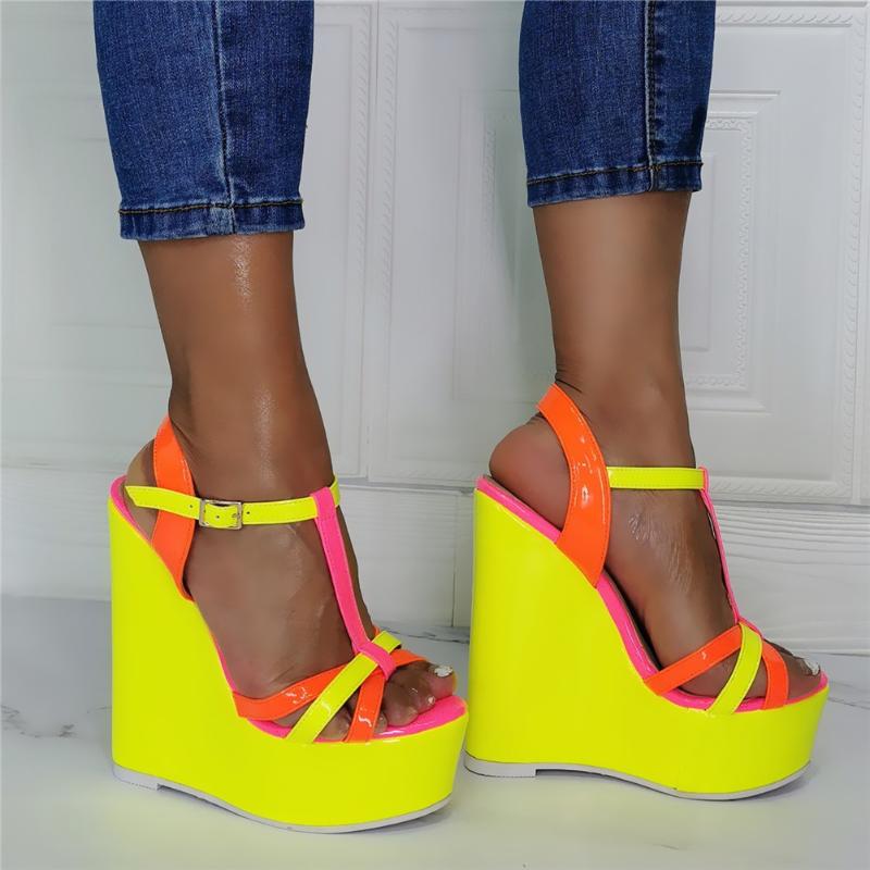

Sandals Shoes Woman Bright Yellow Platform Extreme High Heels T Strap Sexy Party Comfy Walking Wedges Plus Size 47
