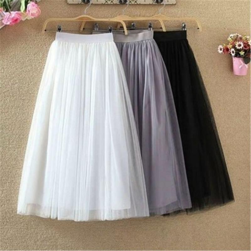 

Skirts Korean Spring Summer Vintage Tulle Skirt Women Elastic High Waist Mesh Female Jupe Longue Long Pleated Tutu, Black