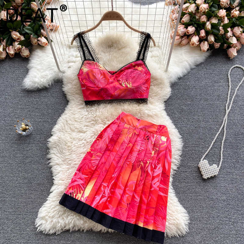 

DEAT Women Sling Vest Pleated Printing Skirt Arrivals High Waist Temperament Fashion Spring Summer 11D1297 210709, Light green