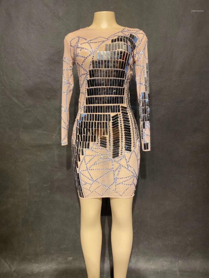 

Casual Dresses 2021 Women Sparkly Silver Mirrors Sexy Dress See Through Perspective One-piece Celebrate Costume Singer Dance, As pic
