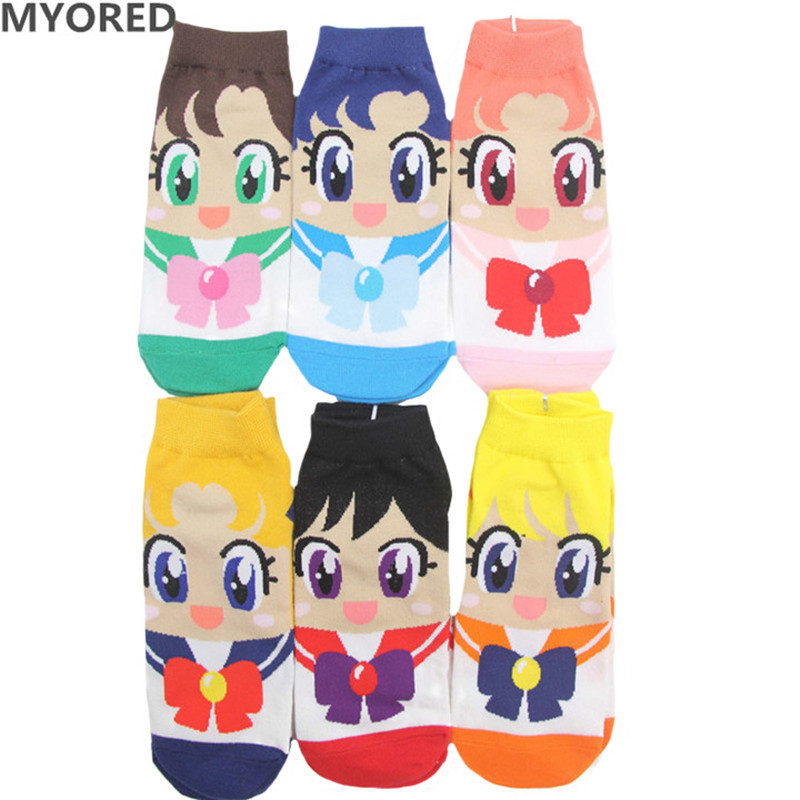 

MYORED Spring summer fashion womens short tube sos cartoon cotton sos Cute lovely sailor moon female ankle so 6pair/Lot, Mix color