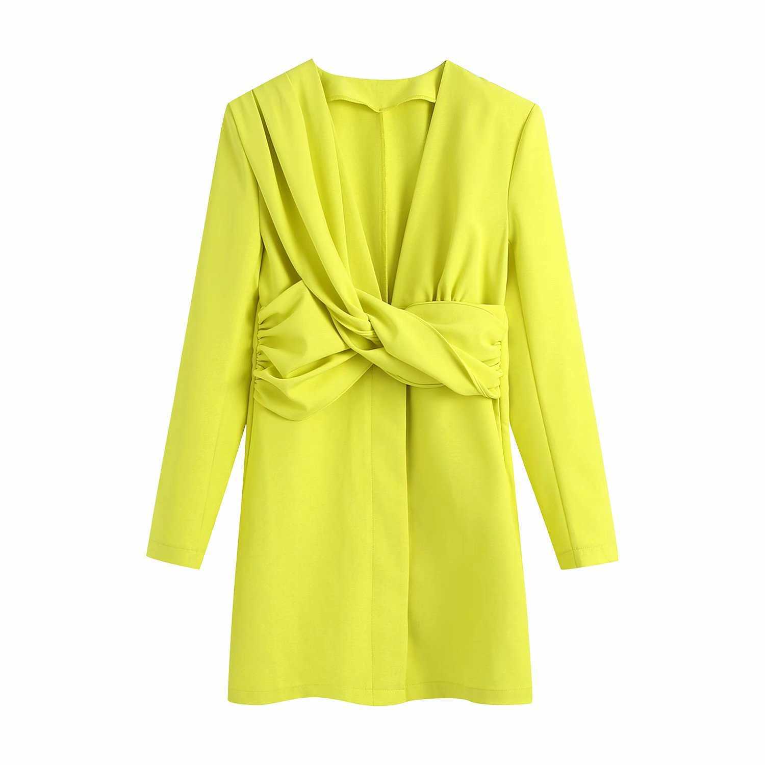 

Summer Dress Women V-neck Long Sleeves Blazer-style Knotted Waist Casual Fashion Chic Lady Short Dress Women 210709, Light yellow