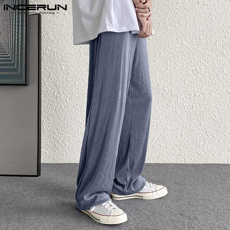 

Men's Pants INCERUN Men Casual Solid Elastic Waist Joggers Baggy Wide Leg Trousers Folds Streetwear 2021 Fashion Leisure Pantalon, Black