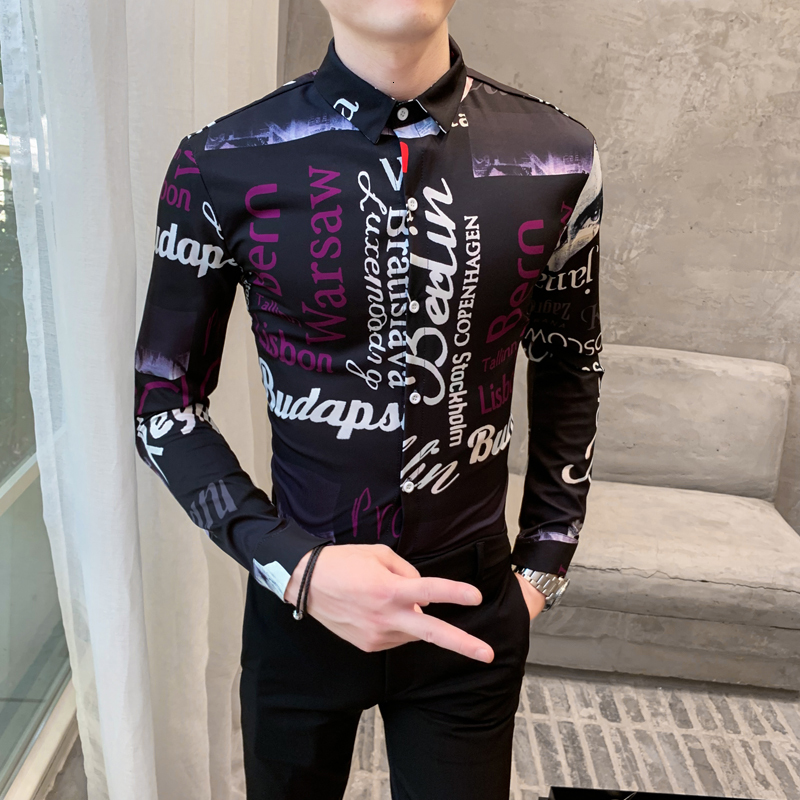 

New Moda 2021 Primavera Nova Manga Comprida Camisas Impressas Para Roupas Masculinas Coreano Magro Ajuste Casual Prom Streetwear Preto/branc, Black