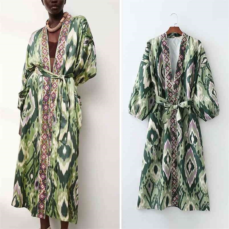 

ZA Summer Women Kimono Dress With Blet Fashion Floral Printed Office Lady Long Party Vestido Elegant Girls Causal Outfits 210701, Picture