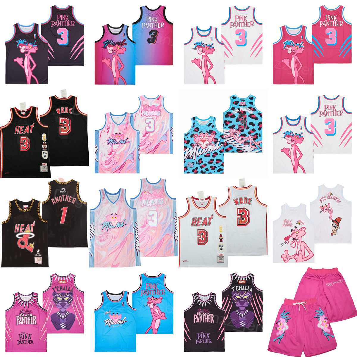 

Movie TV Basketball 3 Pink Panther Jersey Vice Marble T CHALLA Remix DJ Khaled X Another Uniform Dwyane Wade 3 SILVER AGE Black Blue White Pink All Stitched On Men