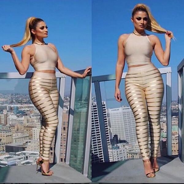 

Casual Dresses Babatique Sexy Bodycon Dress Women Luxury Foil Print Two 2 Piece Celebrity Party Bandage Bodysuit Full Pencil Tops Pants, Gold
