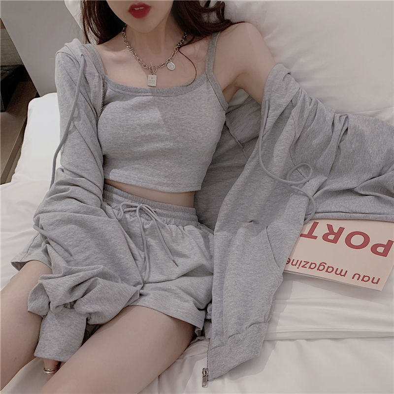 

Loungewear Women 3 Pieces Summer Sleepwear Ensembles De Pyjama Nightgown Suits with Shorts Home Wear Roomware 2021, Black
