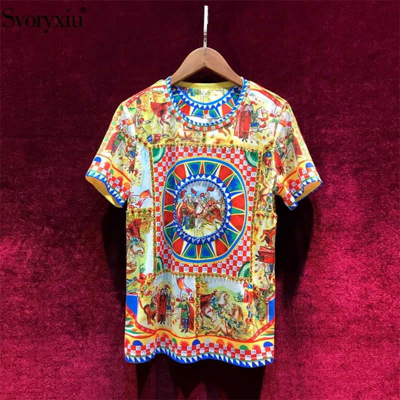 

Svoryxiu Summer Women' Cotton T-shirt High Quality Runway Baroque Printing Diamond Vintage Women Top T-shirt 210315, Multi
