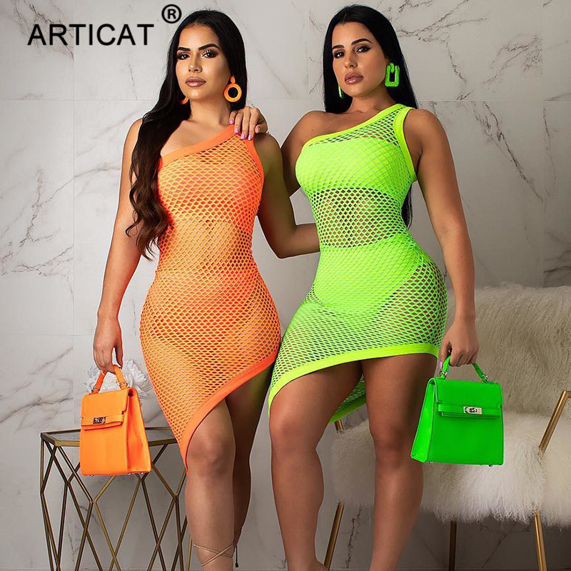 

sheer mesh party dress women 2021 one shoulder backless bodycon party summer dress hollow out fishnet beach dresshigh quality, Black;gray