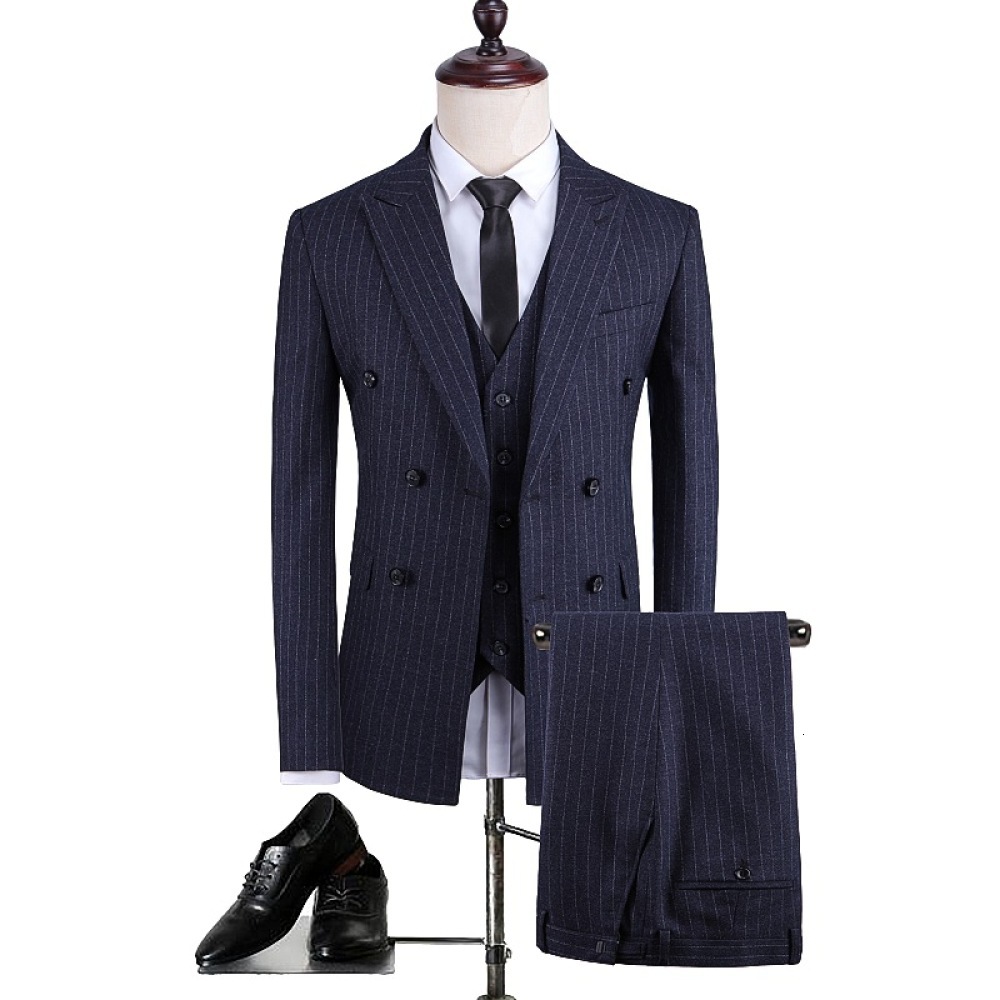 

Men' Striped Pieces Large Size 3xl British Style Gentleman Blazer Masculino Fashion High Quality Formal Suit Seui, Navy blue