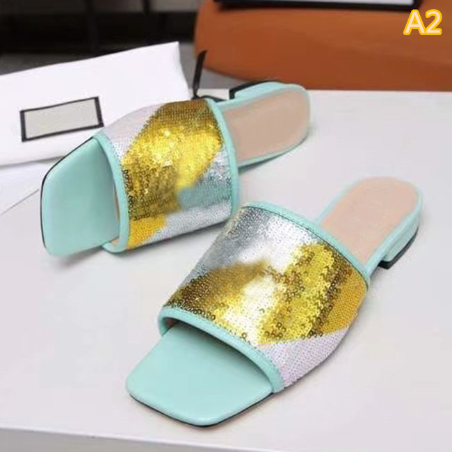 

Fashion designer 2020 summer new leather shiny bead decorative flat shoes metal letter flat slipper size 35-43 with box, Black