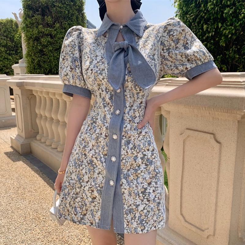 Casual Dresses Korean Fashion Elegant Vintage Mini Women Bow Hollow Out Lace Floral Print Denim Patchwork Summer Vestidos CMBW-image-706943969