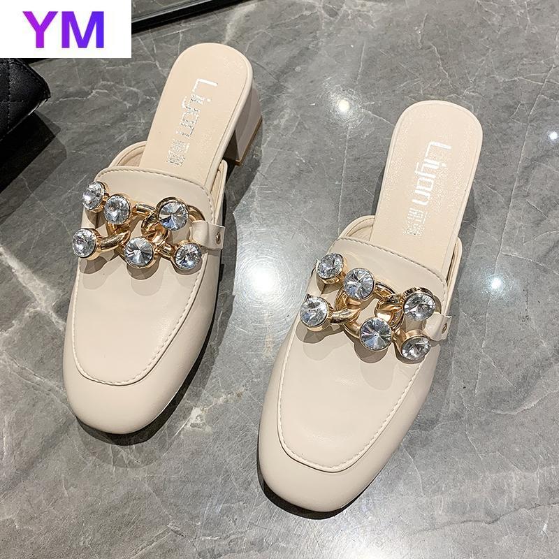 

Dress Shoes 2021 Women's Metal Chain Decoration British Style Crystal Mules Casual Beach Sandals Ladies Zapatillas De Casa, Black