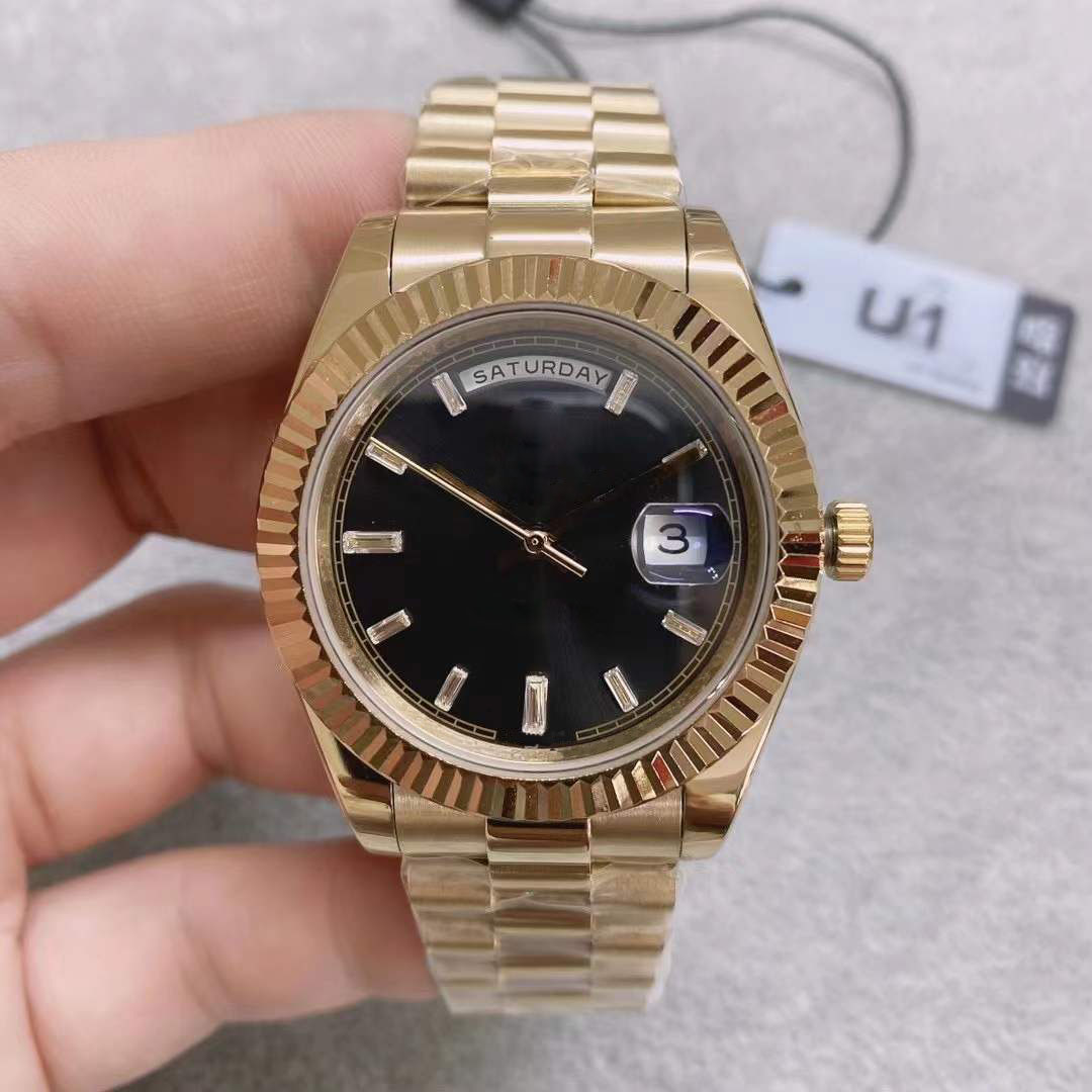 

U1 Factory Steel Watches Day Date 40MM Diamond Set Black Dial Fluted Bezel Ice Automatic Movement Sapphire Glass President Yellow Gold Stain, Slivery;brown