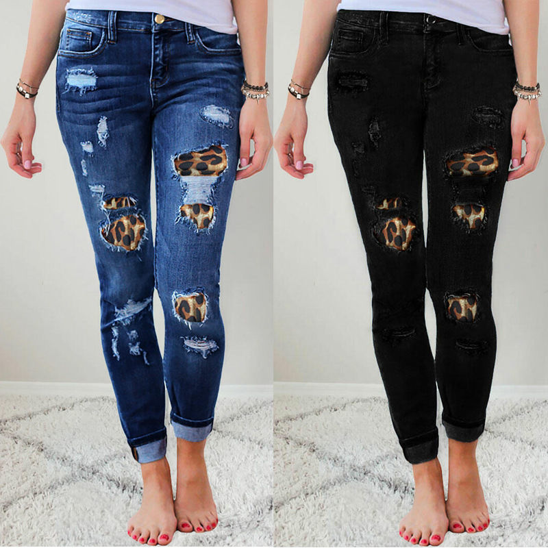 

2021 New Leopard Torn Ankle-tied Tied Women' Jeans Female Winter Thin Elastic Slimming Denim/cotton Pencil Pants 53ld, Black