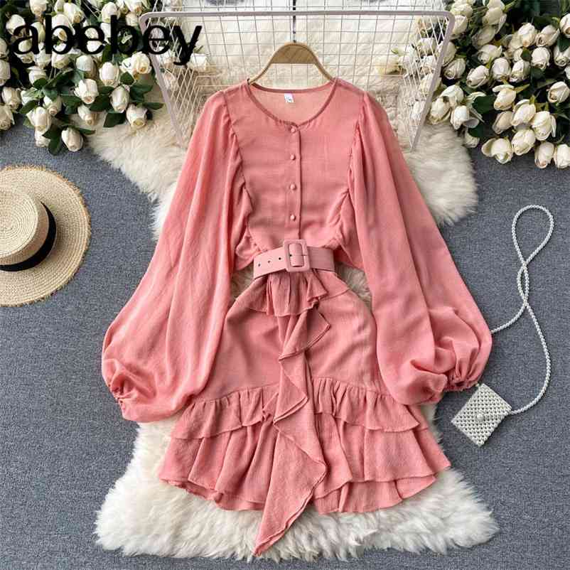 

Vintage Women Beige/Green Ruffle Mini Dress Casual Round Neck Lantern Long Sleeve Single Breasted Vestidos Spring Autumn 210715, Apricot