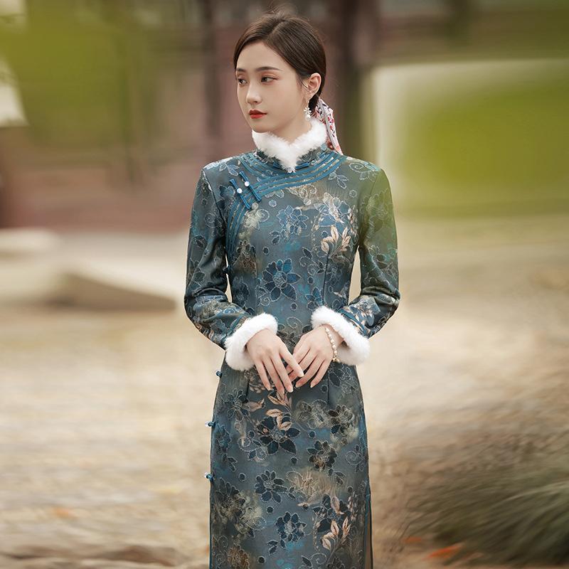 

Ethnic Clothing Autumn Winter Vintage Traditional Qipao Womem Fur Collar Chinese Dress Plus Size Elegant Fashion Long Sleeve Slim Cheongsam