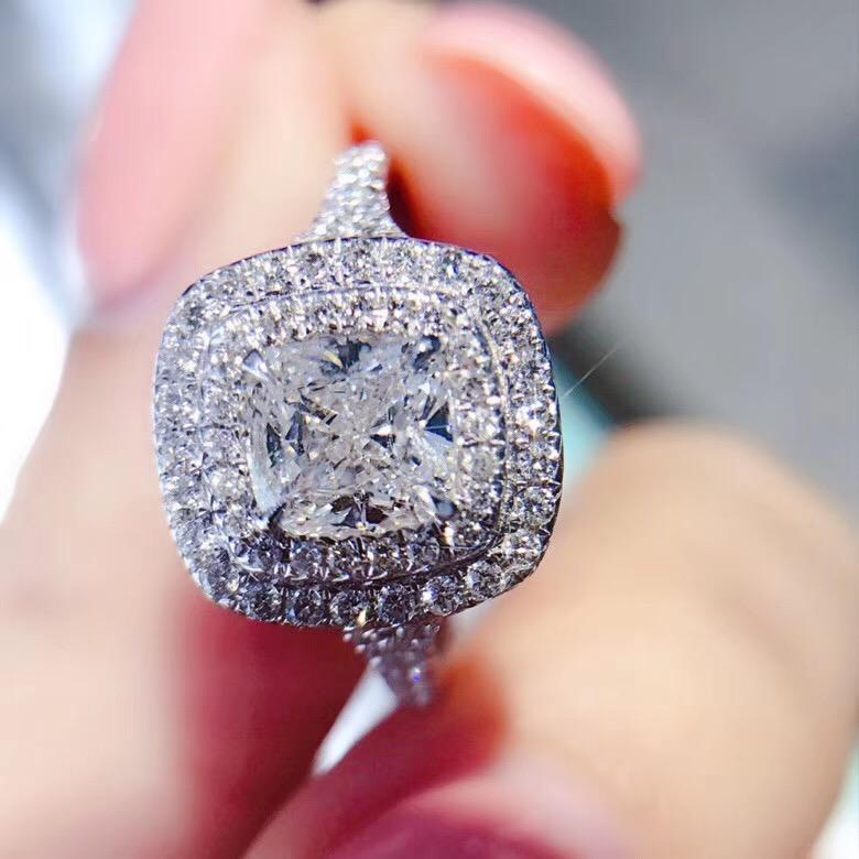 

Cluster Rings AEAW 1.0ctw Cushion Cut Natural Real Diamond Ring Solid 18K White Gold Engagement Ring,Fantacy Wedding