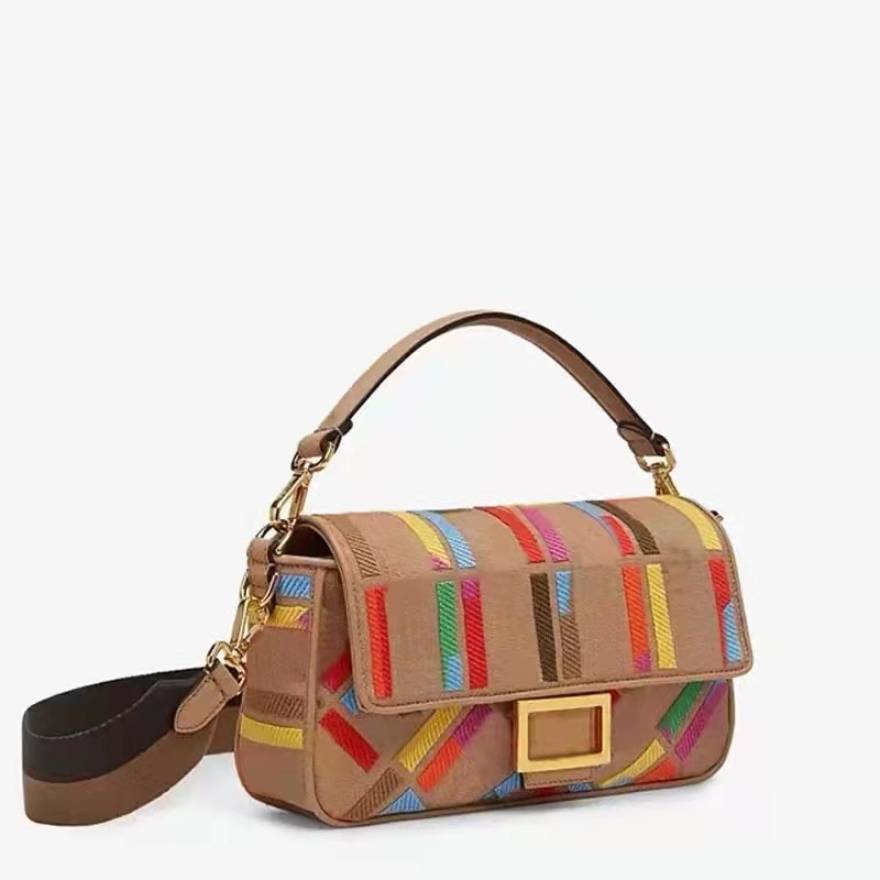 

ysiykiy Women F Crossbody baguette Bag Handbag Purse Messenger Shoulder Embroidered Letters Canvas Patchwork Color Hardware Buckle High Quality Flap Bags with box, Brown